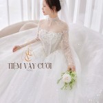 TVC502 Đầm Cưới Cô Dâu, Váy Cưới Tiệc Làm Lễ, Kim Sa, Cúp Ngực, Dài Tay, Tùng Xếp Ly