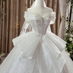 TVC586 Đầm Cưới Cô Dâu, Váy Cưới Tiệc Cúp Ngực, Kim Sa, Tay Ngang, Bèo Tầng