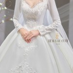 TVC704 Váy Cưới Làm Lễ, Đầm Tiệc Cao Cấp, Voan, Dài Tay, Xếp Ly