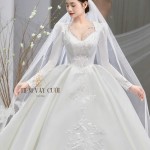 TVC704 Váy Cưới Làm Lễ, Đầm Tiệc Cao Cấp, Voan, Dài Tay, Xếp Ly