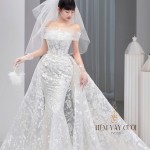 TVC710 Váy Cưới Đi Bàn, Đầm Cưới Đuôi Cá, Cúp Ngực, Hoạ Tiết, Tà Dài