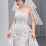 TVC710 Váy Cưới Đi Bàn, Đầm Cưới Đuôi Cá, Cúp Ngực, Hoạ Tiết, Tà Dài