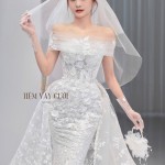 TVC710 Váy Cưới Đi Bàn, Đầm Cưới Đuôi Cá, Cúp Ngực, Hoạ Tiết, Tà Dài