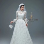 TVC733 Váy Cưới Đi Bàn, Đầm Cưới Dáng Xuông, Dài Tay, Hoa 3D