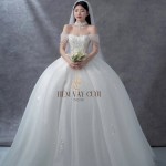TVC739 Váy Cưới Làm Lễ, Đầm Cưới Đi Tiệc, Xếp Ly, Trễ Vai, Ngọc Trai