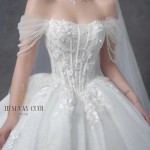 TVC739 Váy Cưới Làm Lễ, Đầm Cưới Đi Tiệc, Xếp Ly, Trễ Vai, Ngọc Trai