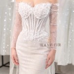 TVC746 Váy Cưới Đi Bàn, Đầm Cưới Đuôi Cá, Cúp Ngực, Hoạ Tiết, Xẻ Tà
