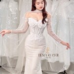 TVC746 Váy Cưới Đi Bàn, Đầm Cưới Đuôi Cá, Cúp Ngực, Hoạ Tiết, Xẻ Tà