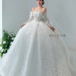 TVC750 Váy Cưới Làm Lễ, Đầm Cưới Cao Cấp, Bệt Vai Ngang, Hoa 3D,  tay rời, nơ rời