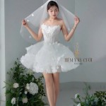TVC749 Váy Cưới Đi Bàn, Đầm Cưới Ngắn, Cúp Ngực, Hoạ Tiết