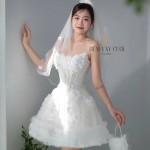 TVC749 Váy Cưới Đi Bàn, Đầm Cưới Ngắn, Cúp Ngực, Hoạ Tiết