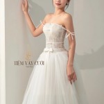 TVC751 Váy Cưới Đi Bàn, Đầm Cưới Dáng Xuông, Bệt Vai Ngang Tháo Rời, Hoa 3D