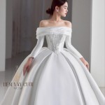 TVC758 Váy Cưới Làm Lễ, Đầm Cưới Đi Tiệc, Dài Tay, Bệt Vai Ngang, Dáng Xoè