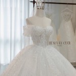 TVC765 Váy Cưới Làm Lễ, Đầm Cưới Cúp Ngực, Choàng Rời, Lấp Lánh