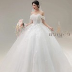 TVC781 Váy Cưới Làm Lễ, Đầm Cưới Dáng Xoè Bồng Bềnh, Bệt Vai Ngang, Hoa 3D