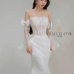 TVC785 Váy Cưới Đi Bàn, Đầm Cưới Đuôi Cá, Nơ Rời, Găng Tay