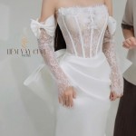 TVC785 Váy Cưới Đi Bàn, Đầm Cưới Đuôi Cá, Nơ Rời, Găng Tay