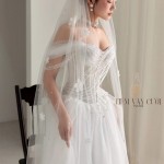 TVC792 Váy Cưới Đi Bàn, Đầm Cưới Dáng Xuông, Trễ Vai, Hoạ Tiết