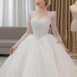 TVC795 Váy Cưới Làm Lễ, Đầm Cưới Đi Tiệc, Dài Tay, Kim Sa, Cúp Ngực, Tùng Bồng