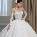 TVC797 Váy Cưới Làm Lễ, Đầm Cưới Đi Tiệc, Bệt Vai Ngang, Ren, Tùng Bồng