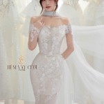 TVC798 Váy Cưới Đi Bàn, Đầm Cưới Đuôi Cá, Cúp Ngực, Hoa 3D