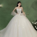 TVC816 Váy Cưới Làm Lễ, Đầm Cưới Cô Dâu, Cúp Ngực, Hoạ Tiết, Tay Bồng