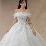 TVC817 Váy Cưới Làm Lễ, Đầm Cưới Cô Dâu, Bệt Vai Ngang, Bồng Bềnh, Họa Tiết Hoa
