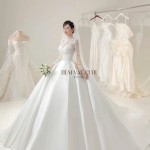 TVC826 Váy Cưới Dáng Xoè Bồng Bềnh, Ren Lưới Trắng, Tặng Tùng Voan Mút Ngực, Đầm Cưới Dài Tay Vai Bồng