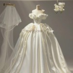 TVC829 Váy Cưới Làm Lễ, Đầm Cưới Cao Cấp, Cúp Ngực, Họa Tiết, Tặng Tùng + Voan + Mút Ngực