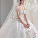 TVC831 Váy Cưới Làm Lễ, Váy cúp ngực, Vải Lưới Mịn, Hoa 3D Bản To, Tùng Xòe Bồng Bềnh