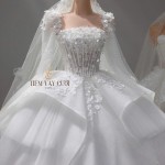 TVC837 Váy Cưới Làm Lễ, Đầm Cưới Đi Tiệc, Dáng Xoè, Dài Tay, Cúp Ngực, Đính Đá