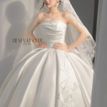TVC849 Váy Cưới Làm Lễ, Váy Cưới Cô Dâu, Đầm Cưới Đi Tiệc, Cúp Ngực, Vải Phi, Xếp Ly