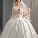 TVC849 Váy Cưới Làm Lễ, Váy Cưới Cô Dâu, Đầm Cưới Đi Tiệc, Cúp Ngực, Vải Phi, Xếp Ly