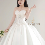 TVC851 Váy Cưới Làm Lễ, Váy Cưới Cô Dâu, Đầm Cưới Đi Tiệc, Cúp Ngực, Tùng Bồng, Xếp Ly
