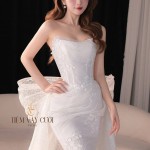 TVC865 Váy Cưới Đi Bàn, Váy Cưới Cô Dâu, Đầm Cưới Đuôi Cá, Cúp Ngực, Tà Dài, Nơ Lớn