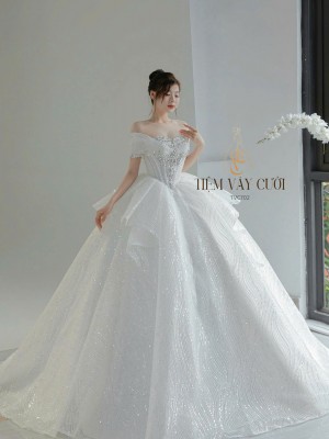 TVC702 Váy Cưới Làm Lễ, Đầm Cưới Đi Tiệc, Cúp Ngực, Bệt Vai Ngang
