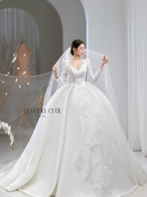 TVC704 Váy Cưới Làm Lễ, Đầm Tiệc Cao Cấp, Voan, Dài Tay, Xếp Ly