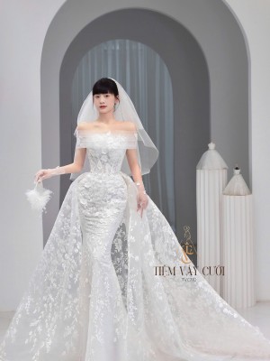 TVC710 Váy Cưới Đi Bàn, Đầm Cưới Đuôi Cá, Cúp Ngực, Hoạ Tiết, Tà Dài