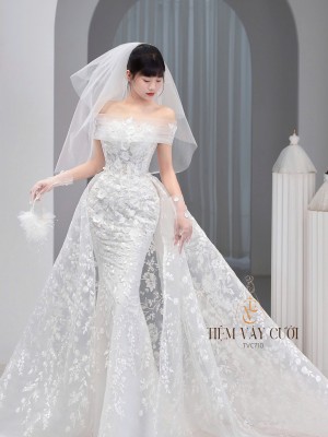 TVC710 Váy Cưới Đi Bàn, Đầm Cưới Đuôi Cá, Cúp Ngực, Hoạ Tiết, Tà Dài