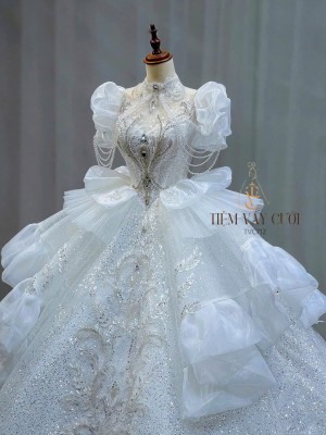 TVC712 Váy Cưới Làm Lễ, Đầm cưới Đi Tiệc, Ngắn Tay, Bèo Tầng