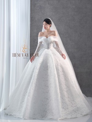 TVC715 Váy Cưới Làm Lễ, Đầm Cưới Đi Tiệc, Bệt Vai Ngang, Ren Thiết Kế