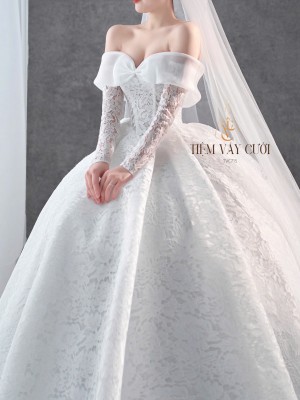 TVC715 Váy Cưới Làm Lễ, Đầm Cưới Đi Tiệc, Bệt Vai Ngang, Ren Thiết Kế