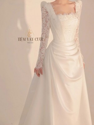 TVC720 Váy Cưới Đi Bàn, Đầm Cưới Dáng Xuông, Cổ Vuông, Tay Dài