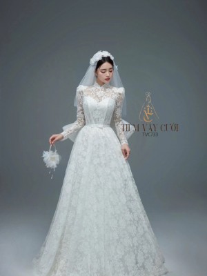 TVC733 Váy Cưới Đi Bàn, Đầm Cưới Dáng Xuông, Dài Tay, Hoa 3D