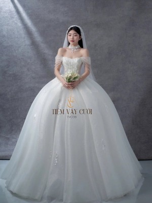 TVC739 Váy Cưới Làm Lễ, Đầm Cưới Đi Tiệc, Xếp Ly, Trễ Vai, Ngọc Trai
