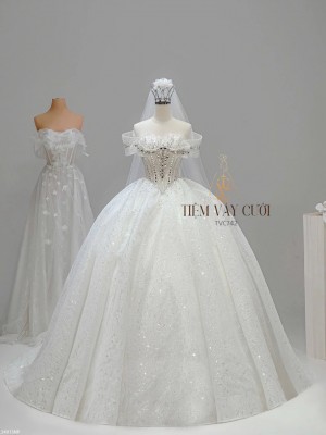 TVC742 Váy Cưới Làm Lễ, Đầm Cưới Công Chúa, Dáng Xoè, Cúp Ngực, Đính Đá
