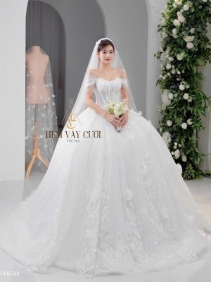 TVC743 Váy Cưới Làm Lễ, Đầm Cưới Cao Cấp, Hoa 3D, Cúp Ngực