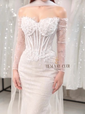 TVC746 Váy Cưới Đi Bàn, Đầm Cưới Đuôi Cá, Cúp Ngực, Hoạ Tiết, Xẻ Tà