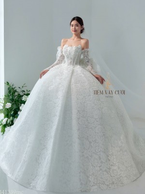 TVC750 Váy Cưới Làm Lễ, Đầm Cưới Cao Cấp, Bệt Vai Ngang, Hoa 3D,  tay rời, nơ rời