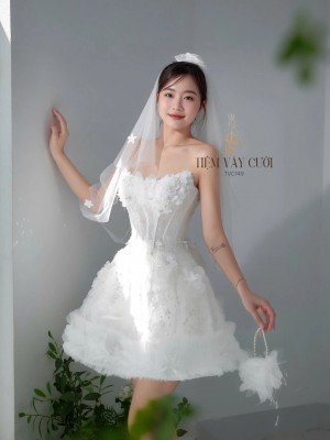 TVC749 Váy Cưới Đi Bàn, Đầm Cưới Ngắn, Cúp Ngực, Hoạ Tiết